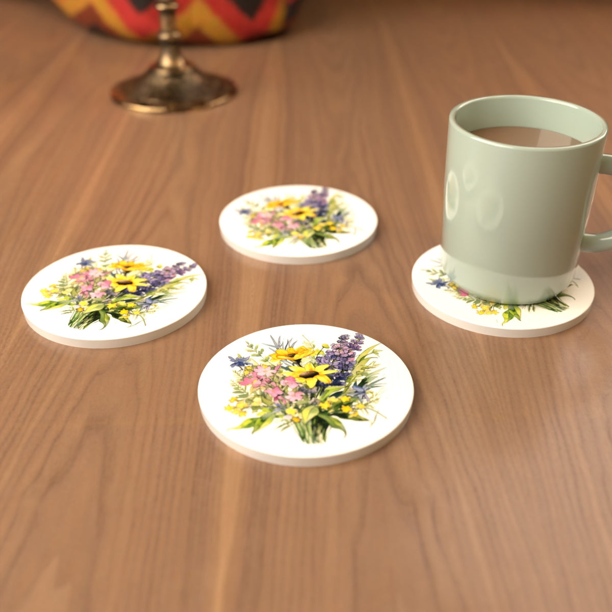 Sunny Meadow Bouquet with Lavender Round Ceramic Coasters – Set of 6 – cosy lifestyle mockup