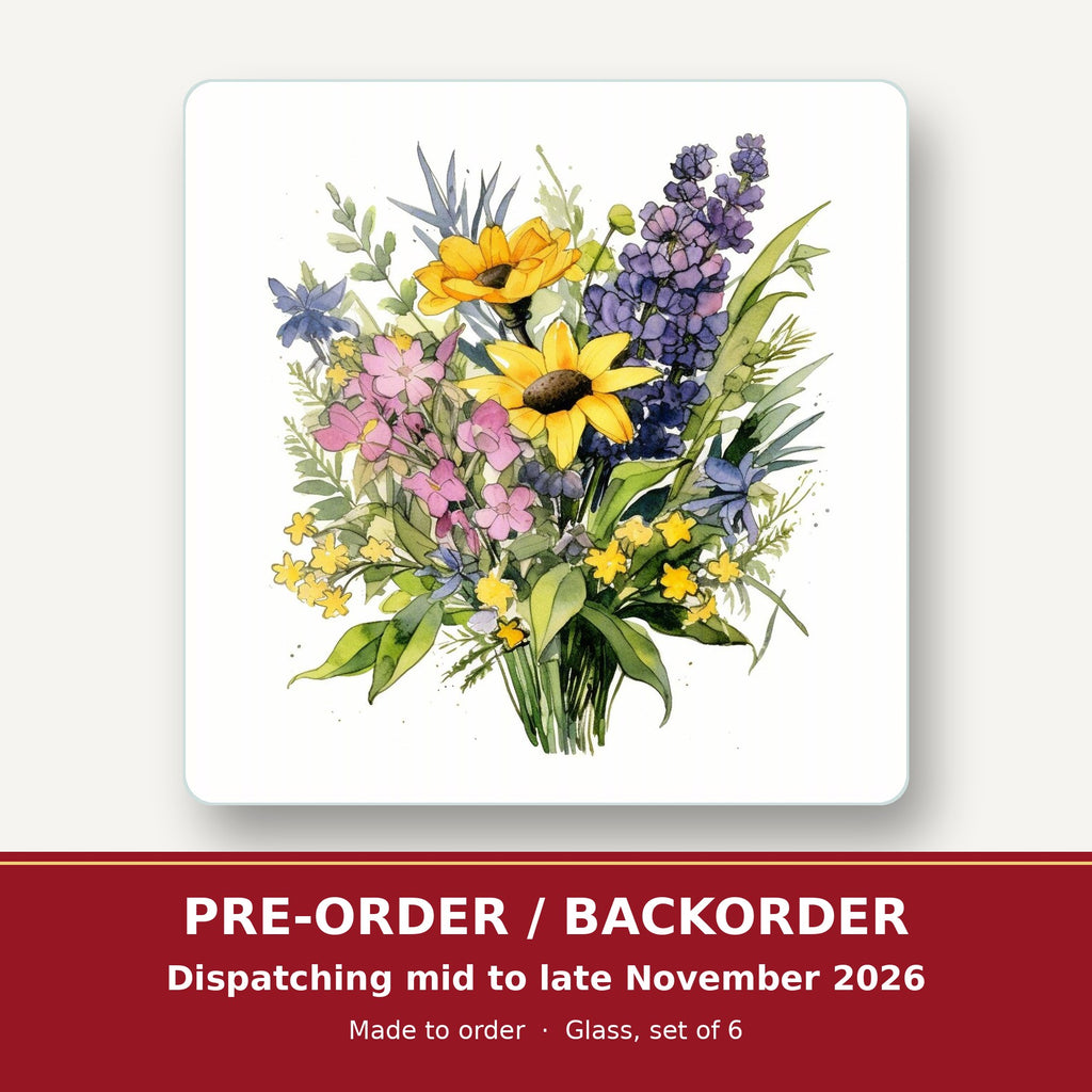 Sunny Meadow Bouquet with Lavender square glass coaster set of 6 – pre-order / backorder, dispatching mid to late November 2026