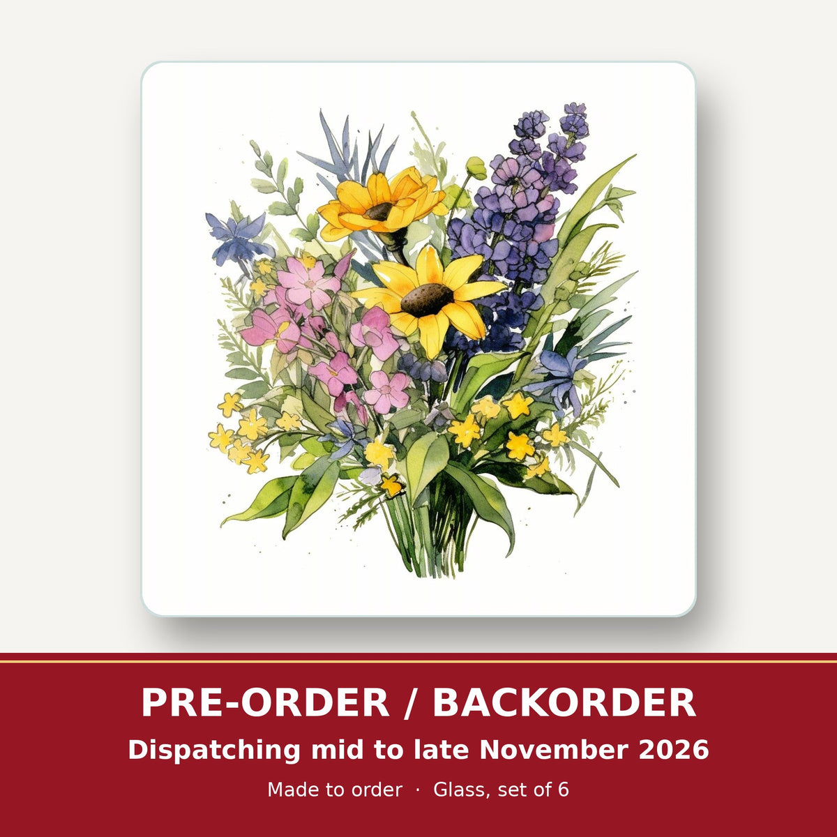 Sunny Meadow Bouquet with Lavender square glass coaster set of 6 – pre-order / backorder, dispatching mid to late November 2026