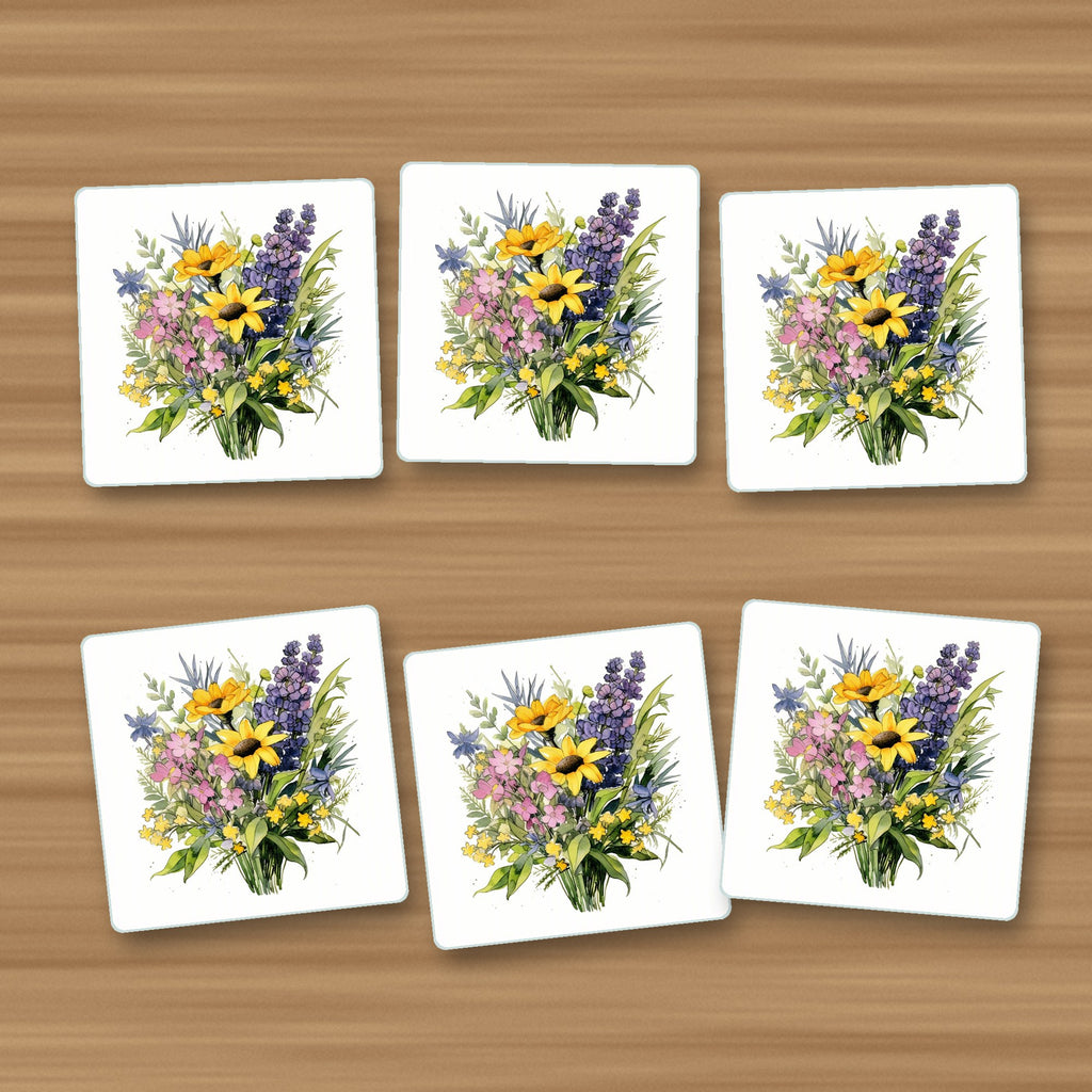Sunny Meadow Bouquet with Lavender square glass coasters, set of 6, on an oak coffee table