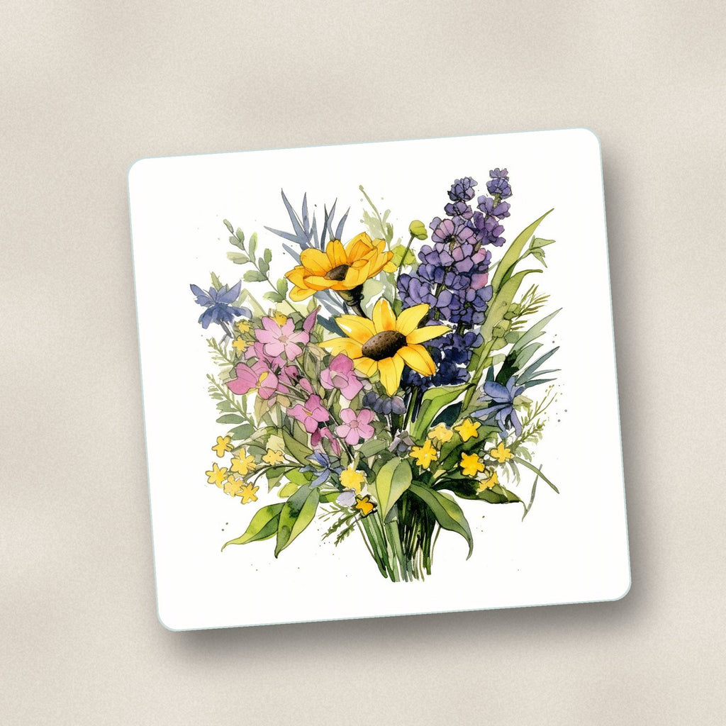 Close-up of one sunny meadow bouquet with lavender square glass coaster, flat UV print