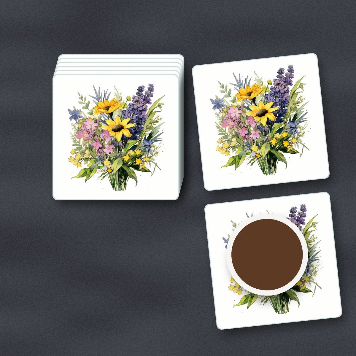 Sunny Meadow Bouquet with Lavender square glass coasters stacked on a slate kitchen worktop