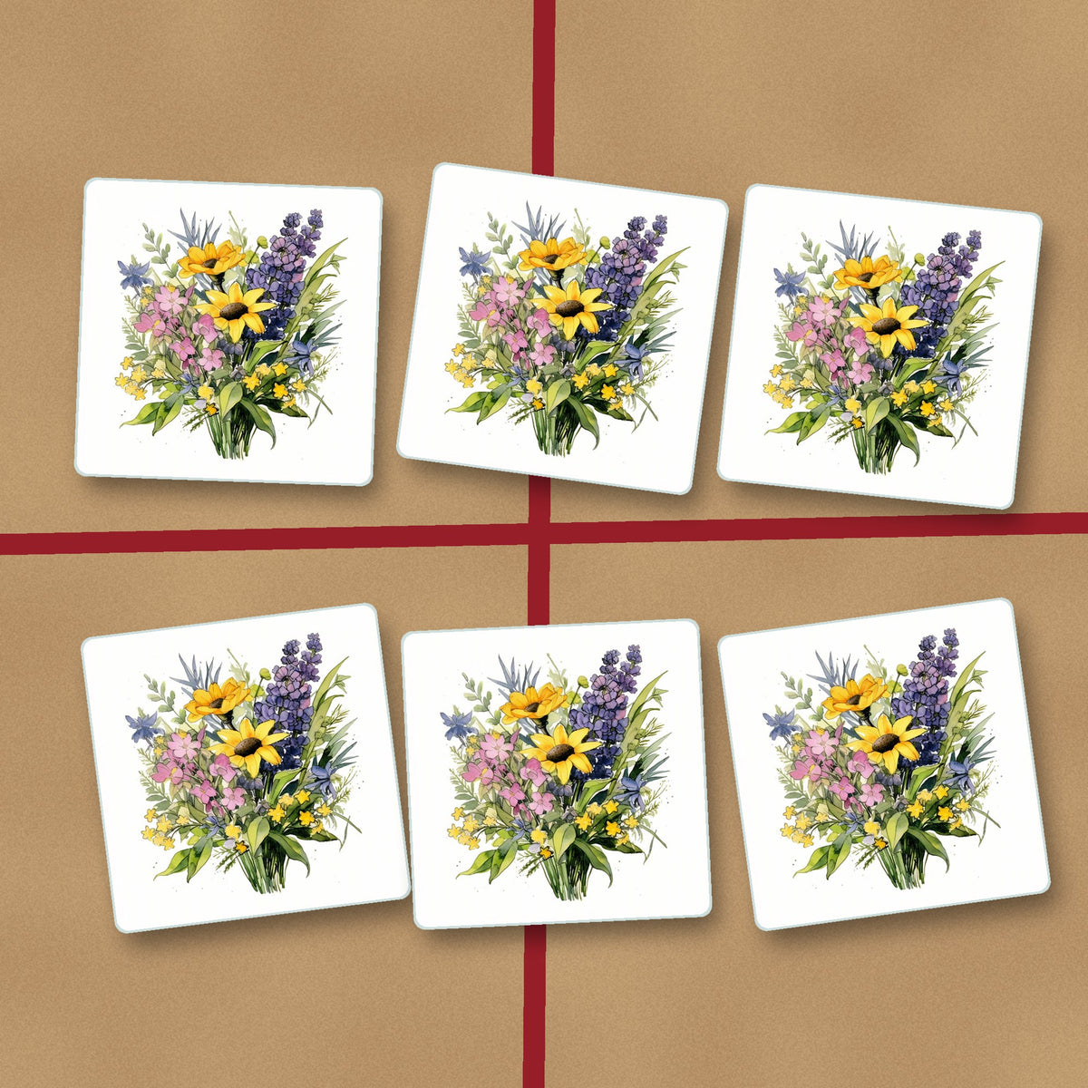 Sunny Meadow Bouquet with Lavender square glass coasters on kraft gift wrap
