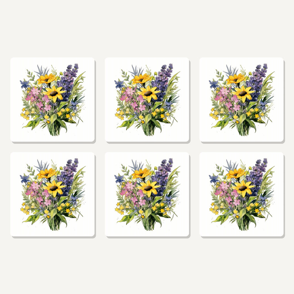 Flat lay of the sunny meadow bouquet with lavender artwork on six square coasters
