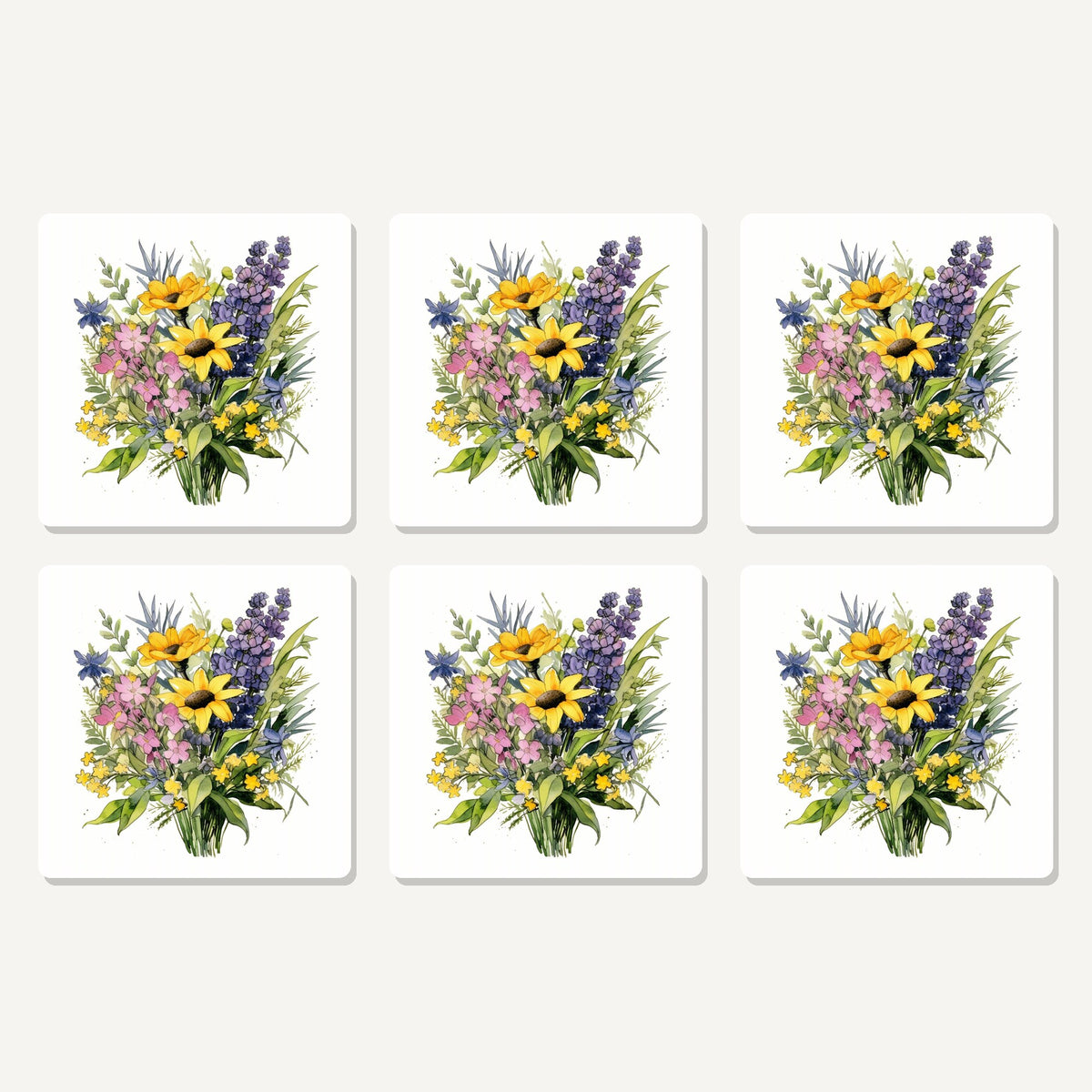 Flat lay of the sunny meadow bouquet with lavender artwork on six square coasters