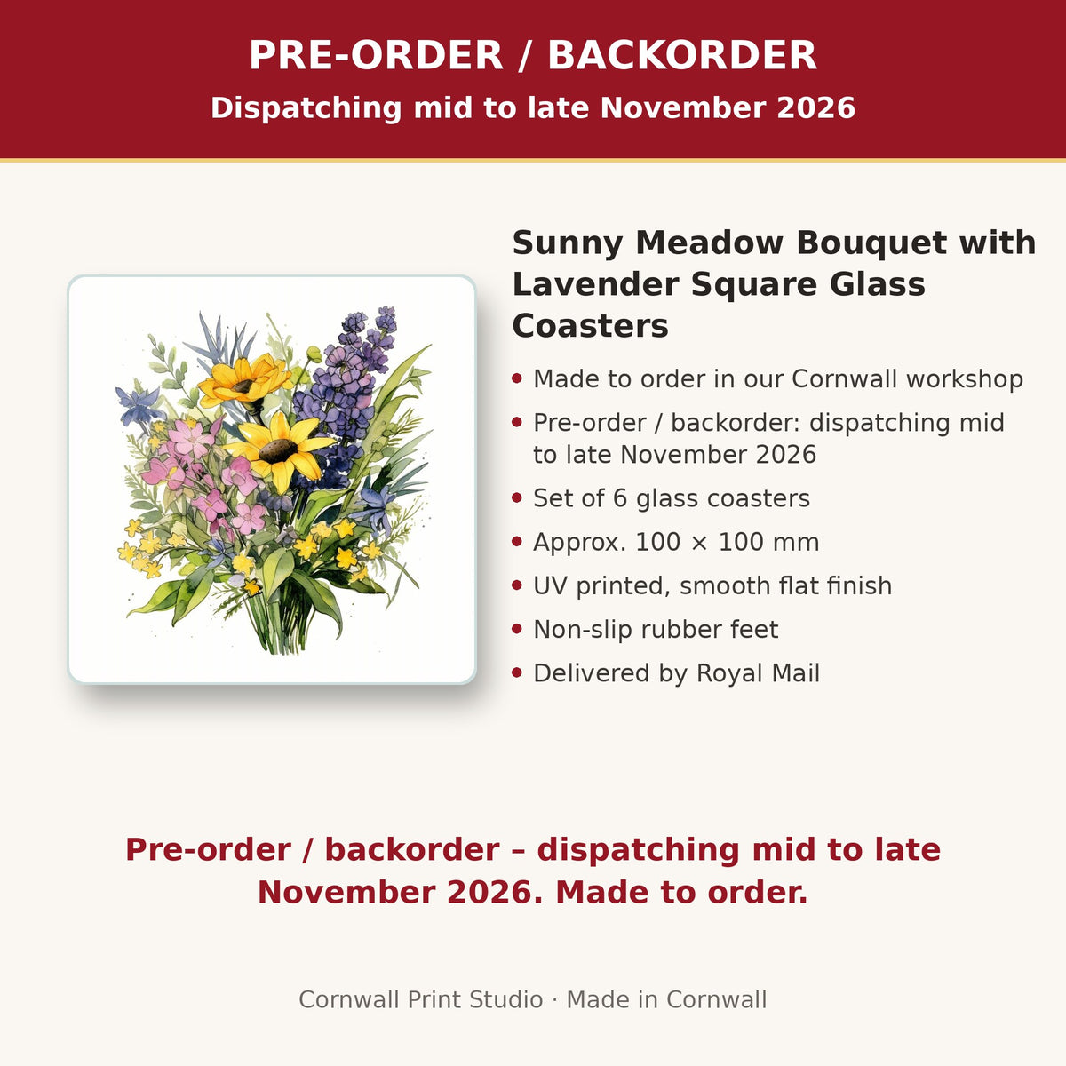 Info card: Sunny Meadow Bouquet with Lavender Square Glass Coasters – Set of 6, made to order, dispatching mid to late November 2026, delivered by Royal Mail