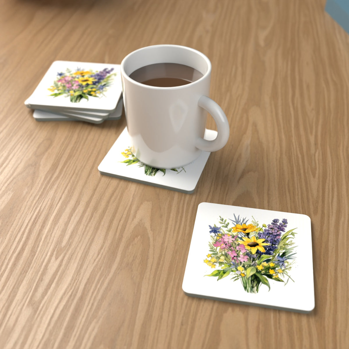 Sunny Meadow Bouquet with Lavender Square Glass Coasters – Set of 6 – lifestyle mockup with a mug of coffee
