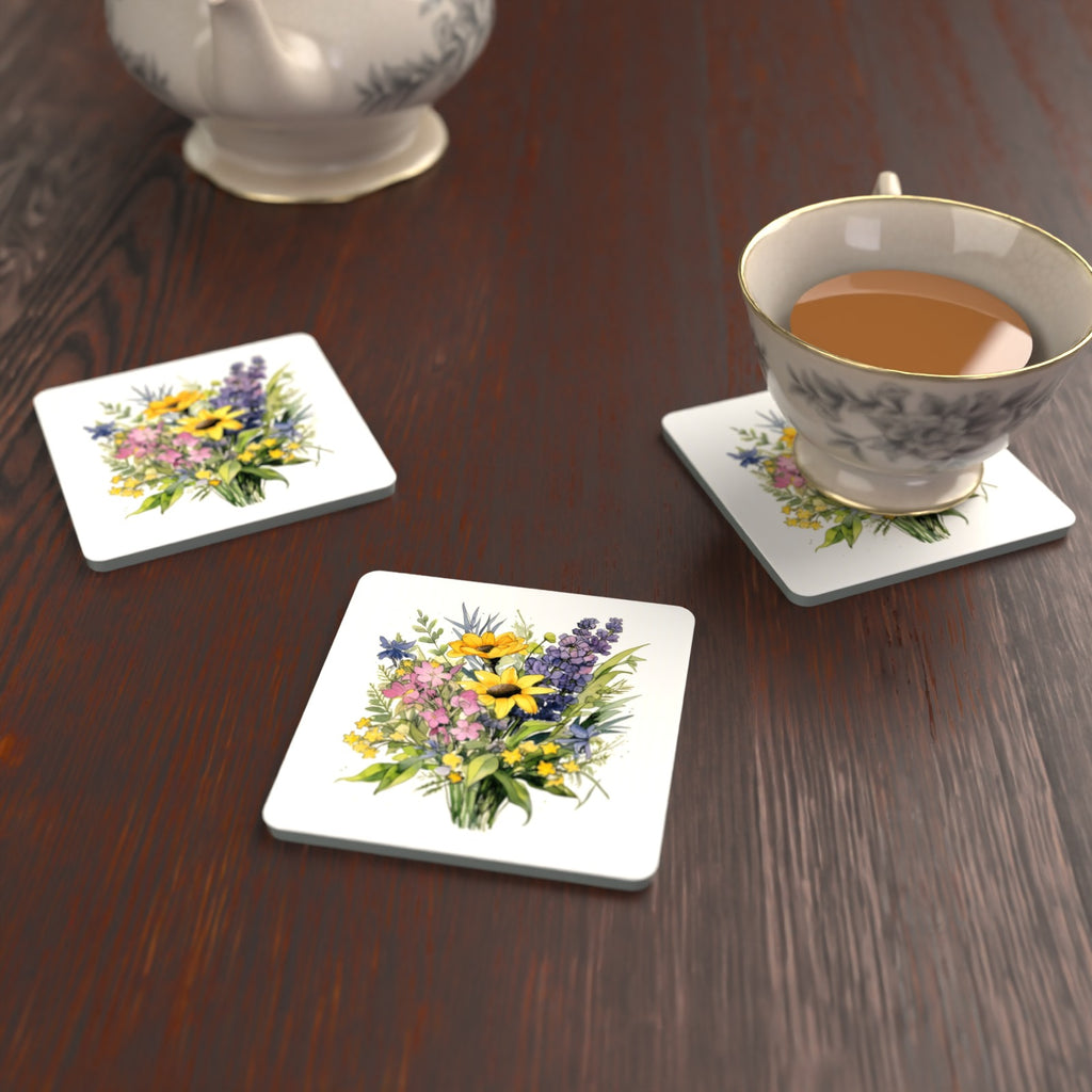 Sunny Meadow Bouquet with Lavender Square Glass Coasters – Set of 6 – lifestyle mockup with a teacup