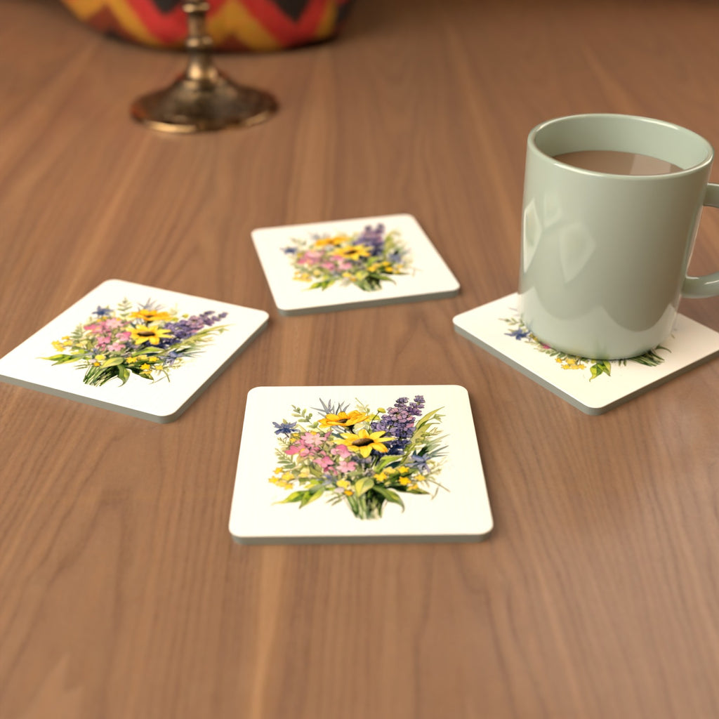 Sunny Meadow Bouquet with Lavender Square Glass Coasters – Set of 6 – cosy lifestyle mockup