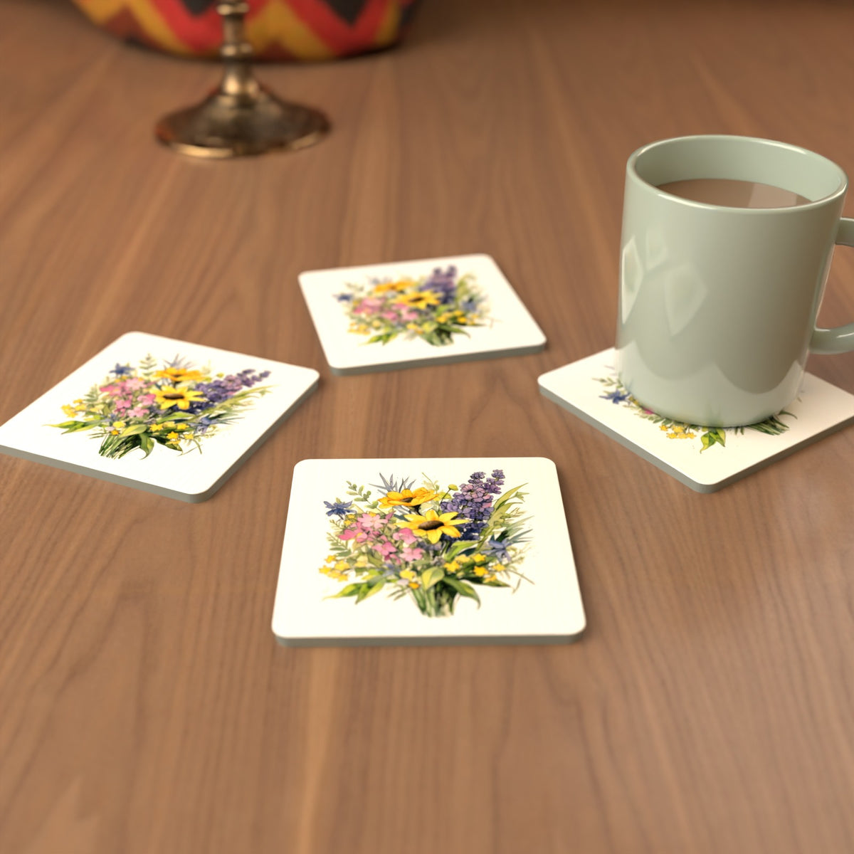 Sunny Meadow Bouquet with Lavender Square Glass Coasters – Set of 6 – cosy lifestyle mockup