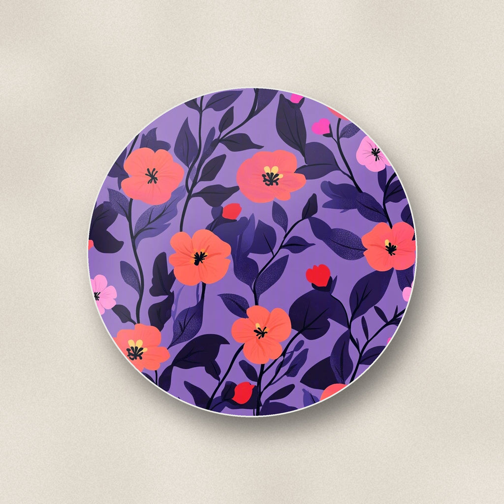 Close-up of one coral flowers on purple pattern round ceramic coaster, flat UV print