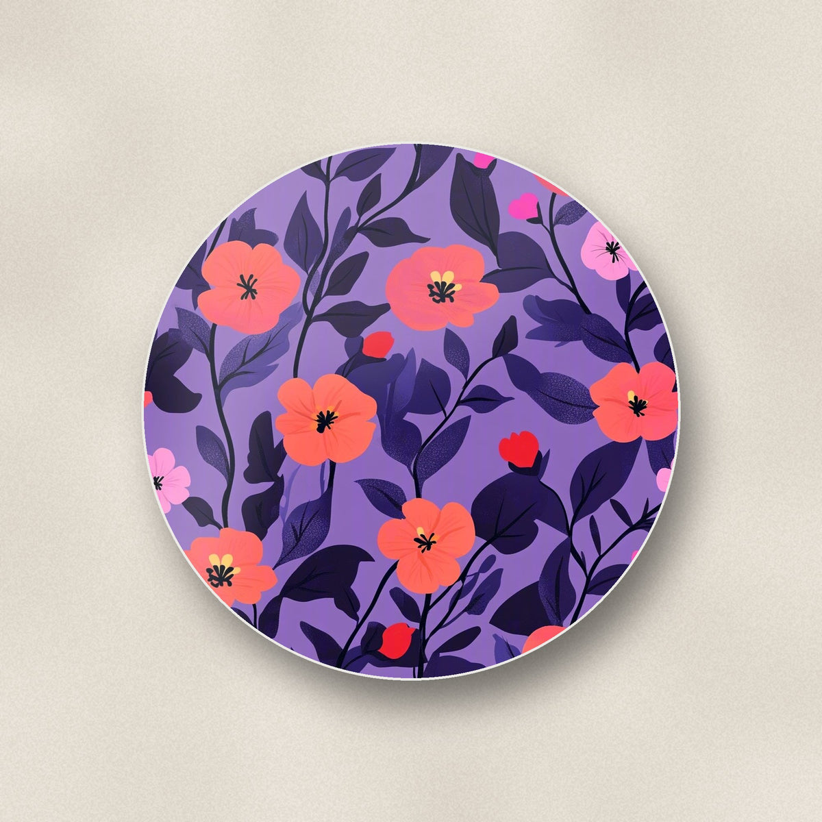Close-up of one coral flowers on purple pattern round ceramic coaster, flat UV print