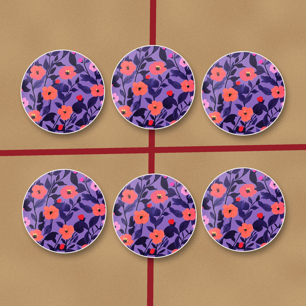 Coral Flowers on Purple Pattern round ceramic coasters on kraft gift wrap