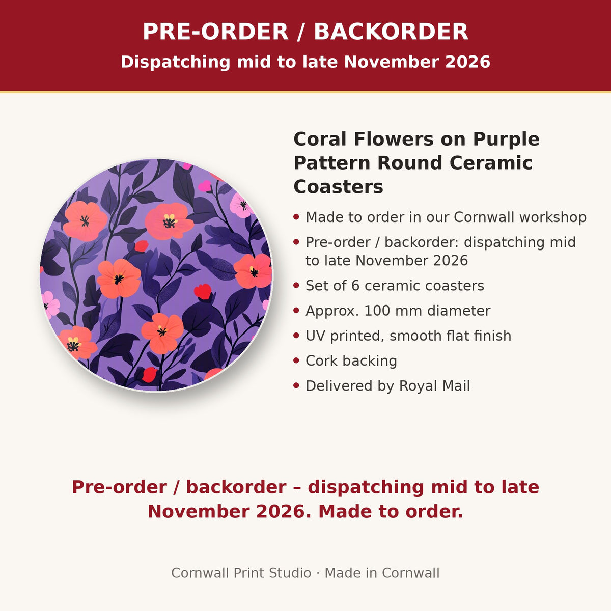 Info card: Coral Flowers on Purple Pattern Round Ceramic Coasters – Set of 6, made to order, dispatching mid to late November 2026, delivered by Royal Mail