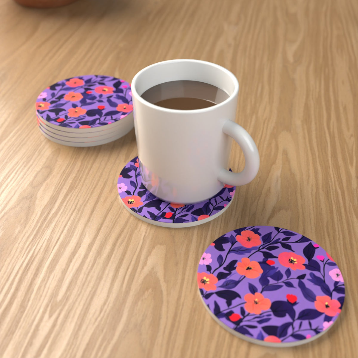 Coral Flowers on Purple Pattern Round Ceramic Coasters – Set of 6 – lifestyle mockup with a mug of coffee