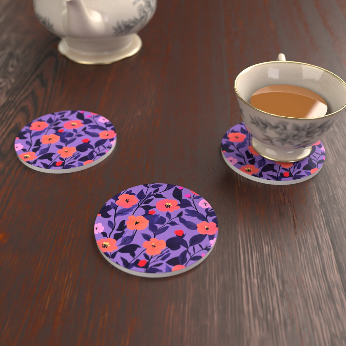 Coral Flowers on Purple Pattern Round Ceramic Coasters – Set of 6 – lifestyle mockup with a teacup