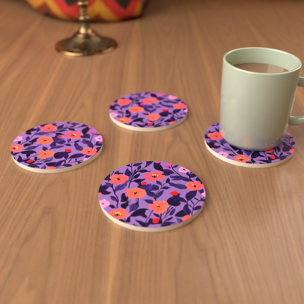 Coral Flowers on Purple Pattern Round Ceramic Coasters – Set of 6 – cosy lifestyle mockup