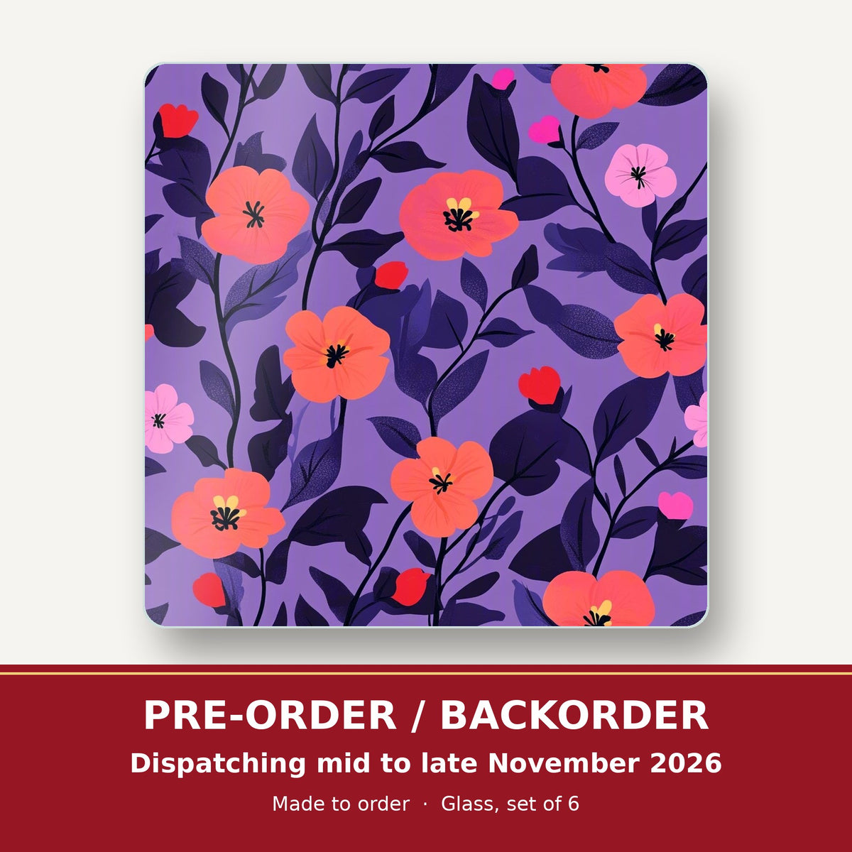 Coral Flowers on Purple Pattern square glass coaster set of 6 – pre-order / backorder, dispatching mid to late November 2026
