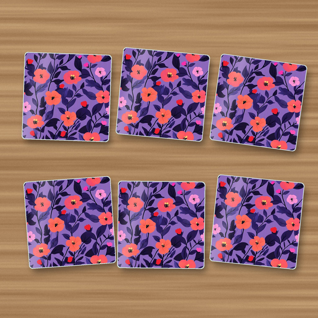 Coral Flowers on Purple Pattern square glass coasters, set of 6, on an oak coffee table