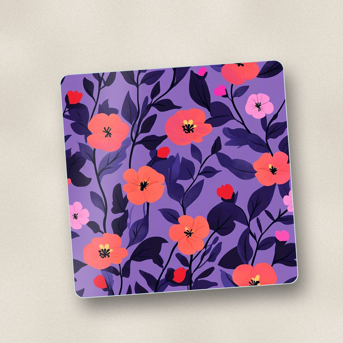 Close-up of one coral flowers on purple pattern square glass coaster, flat UV print