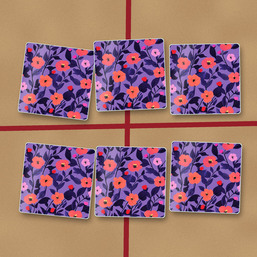 Coral Flowers on Purple Pattern square glass coasters on kraft gift wrap