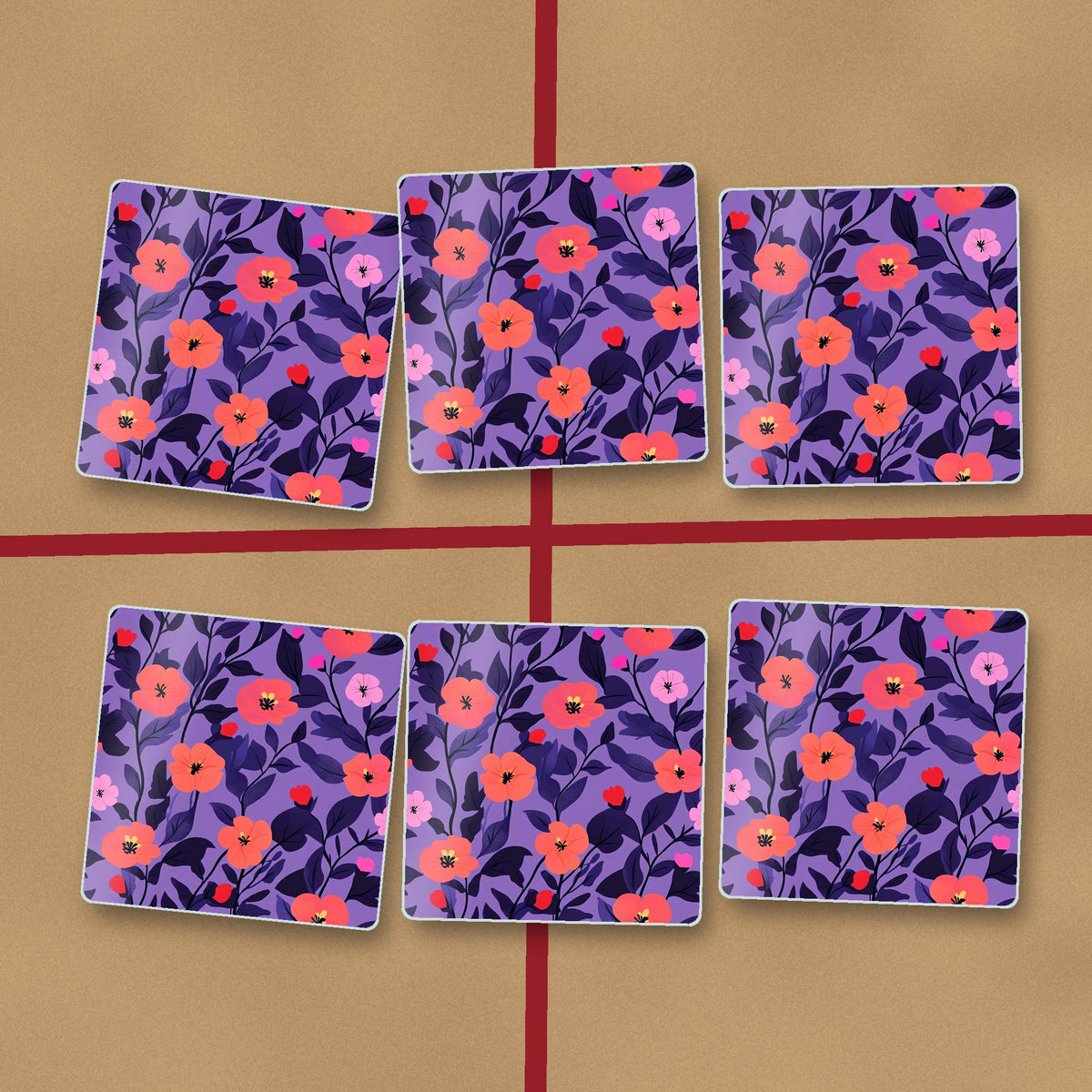 Coral Flowers on Purple Pattern square glass coasters on kraft gift wrap