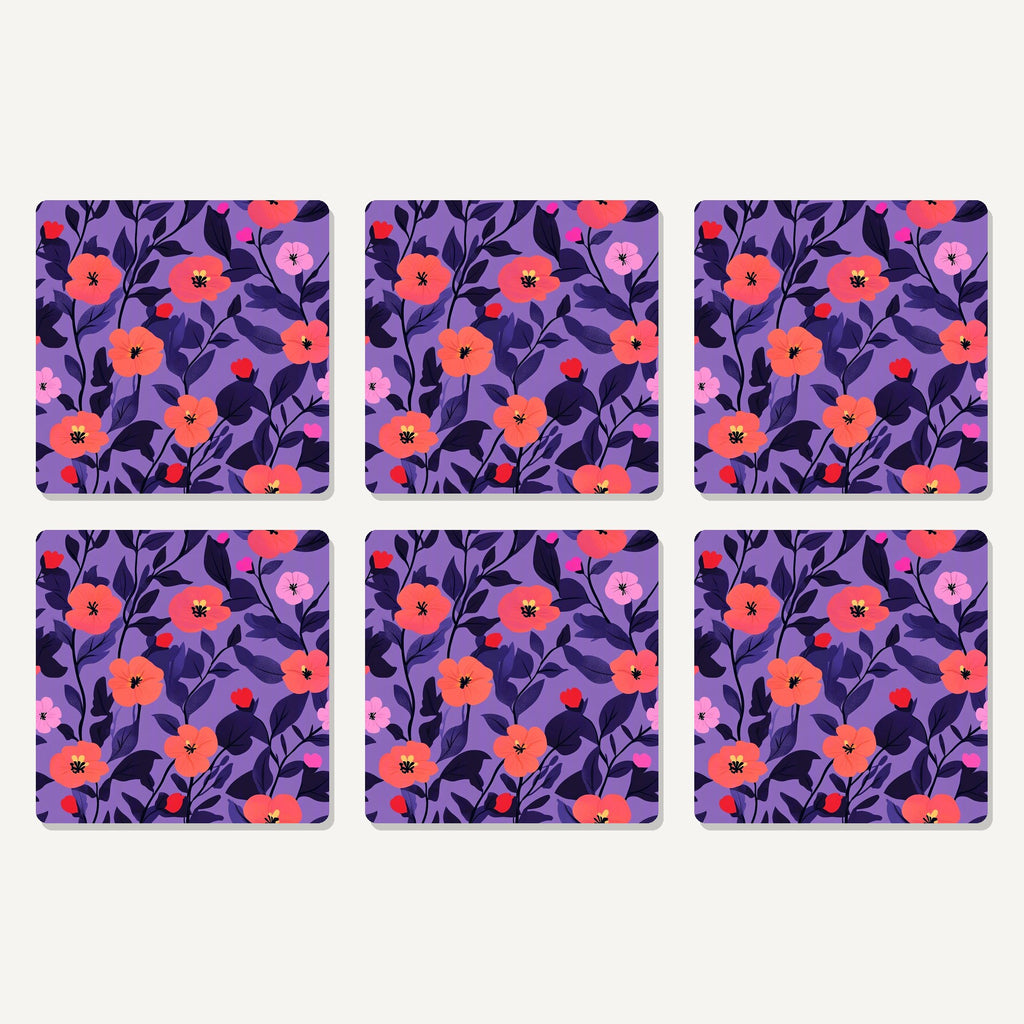 Flat lay of the coral flowers on purple pattern artwork on six square coasters