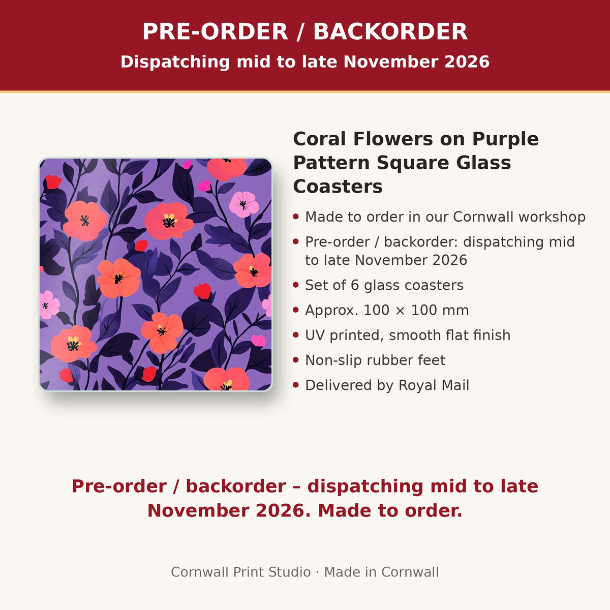 Info card: Coral Flowers on Purple Pattern Square Glass Coasters – Set of 6, made to order, dispatching mid to late November 2026, delivered by Royal Mail