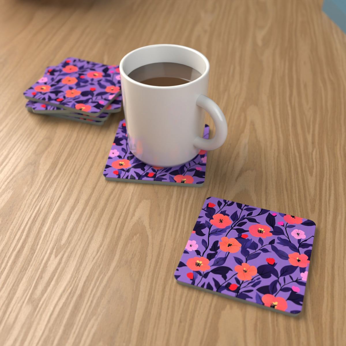 Coral Flowers on Purple Pattern Square Glass Coasters – Set of 6 – lifestyle mockup with a mug of coffee