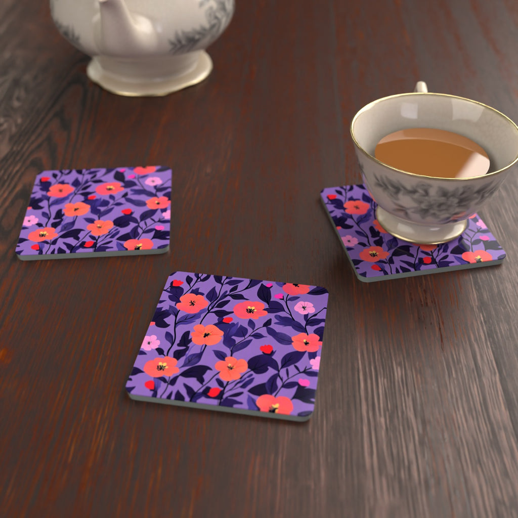 Coral Flowers on Purple Pattern Square Glass Coasters – Set of 6 – lifestyle mockup with a teacup