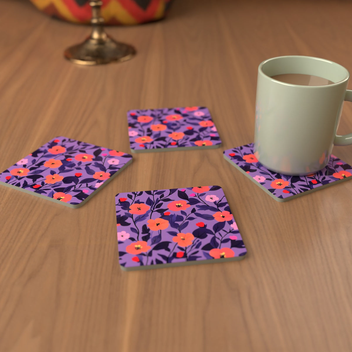 Coral Flowers on Purple Pattern Square Glass Coasters – Set of 6 – cosy lifestyle mockup