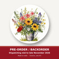 Sunflowers in a Tin Bucket round ceramic coaster set of 6 – pre-order / backorder, dispatching mid to late November 2026