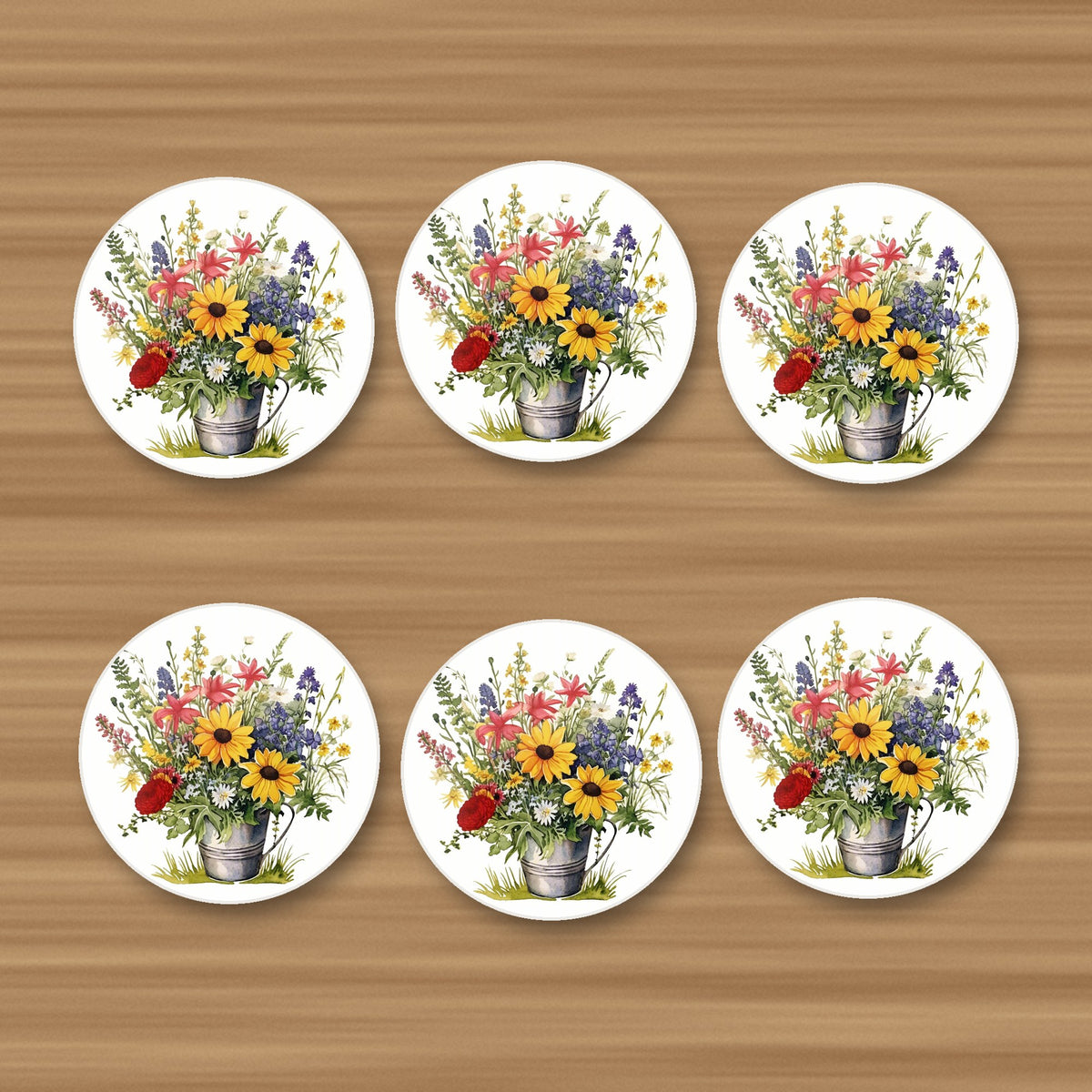 Sunflowers in a Tin Bucket round ceramic coasters, set of 6, on an oak coffee table