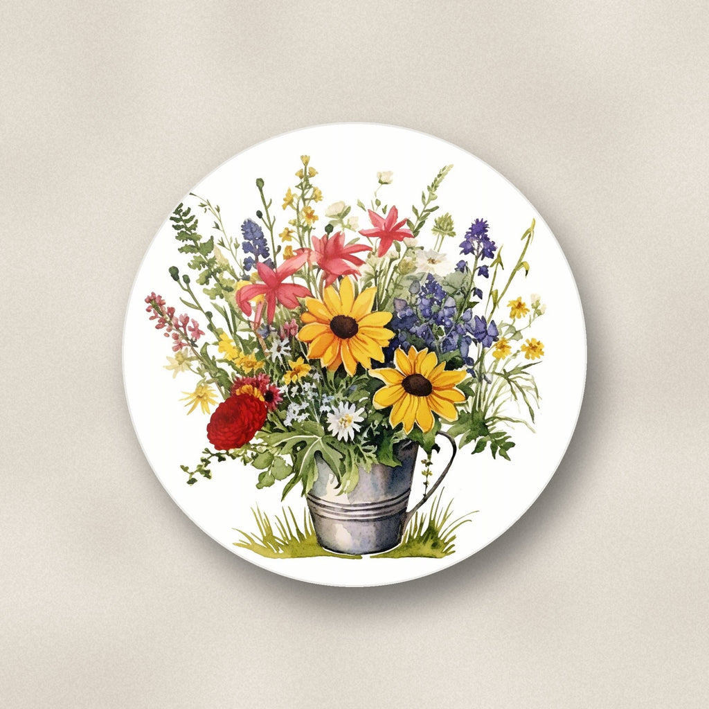 Close-up of one sunflowers in a tin bucket round ceramic coaster, flat UV print