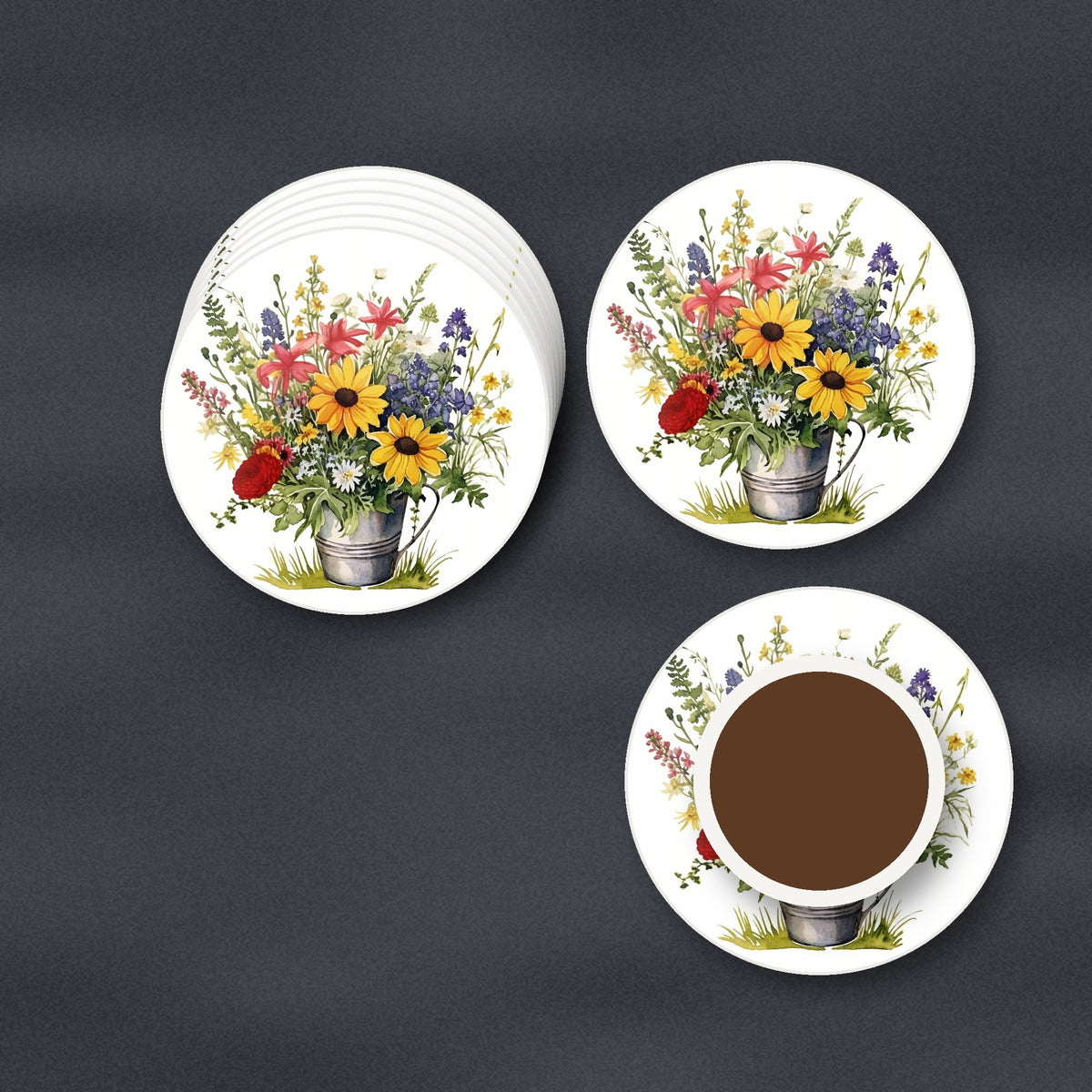 Sunflowers in a Tin Bucket round ceramic coasters stacked on a slate kitchen worktop