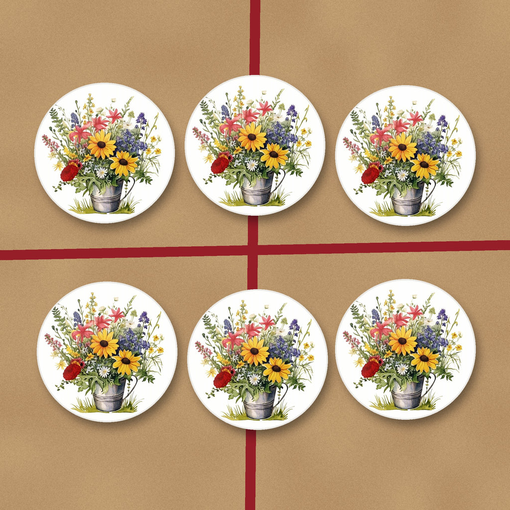 Sunflowers in a Tin Bucket round ceramic coasters on kraft gift wrap