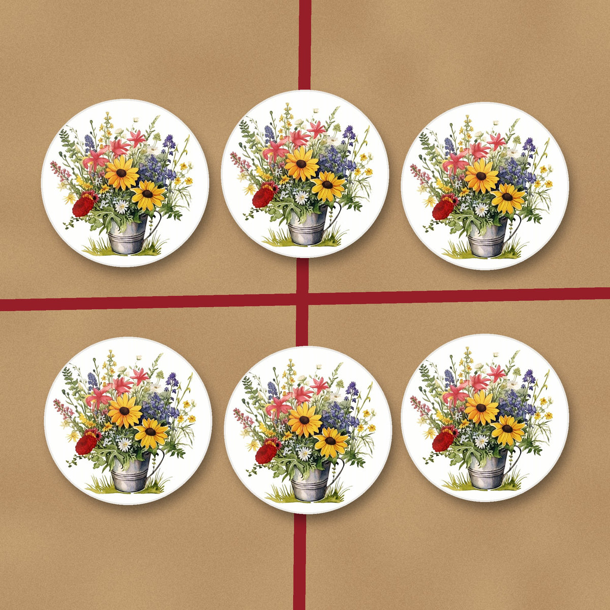 Sunflowers in a Tin Bucket round ceramic coasters on kraft gift wrap