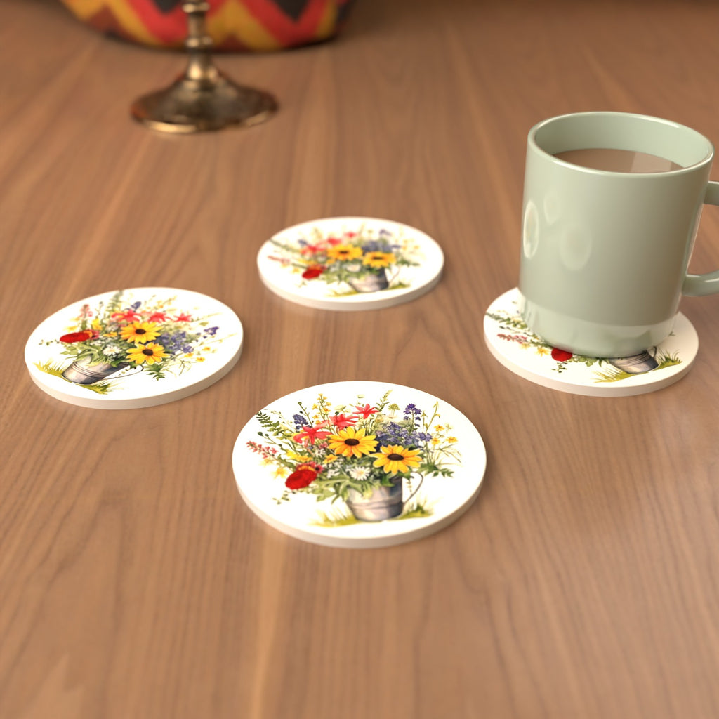 Sunflowers in a Tin Bucket Round Ceramic Coasters – Set of 6 – cosy lifestyle mockup