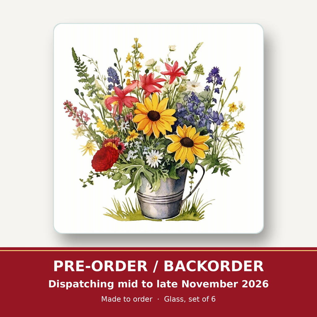 Sunflowers in a Tin Bucket square glass coaster set of 6 – pre-order / backorder, dispatching mid to late November 2026
