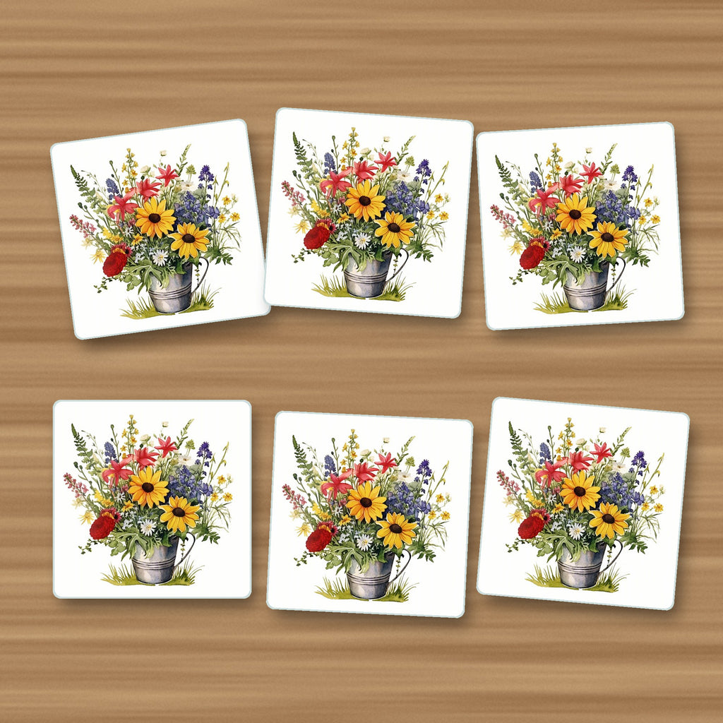 Sunflowers in a Tin Bucket square glass coasters, set of 6, on an oak coffee table