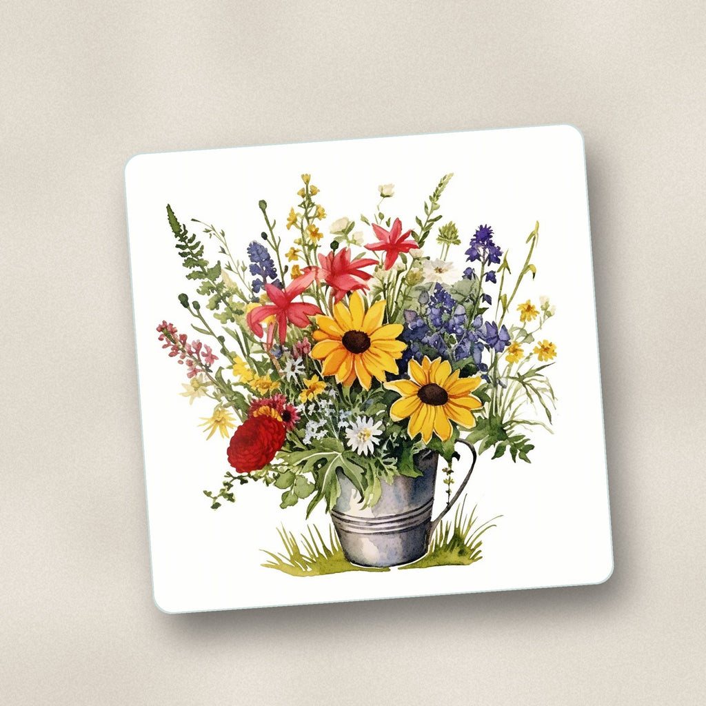 Close-up of one sunflowers in a tin bucket square glass coaster, flat UV print