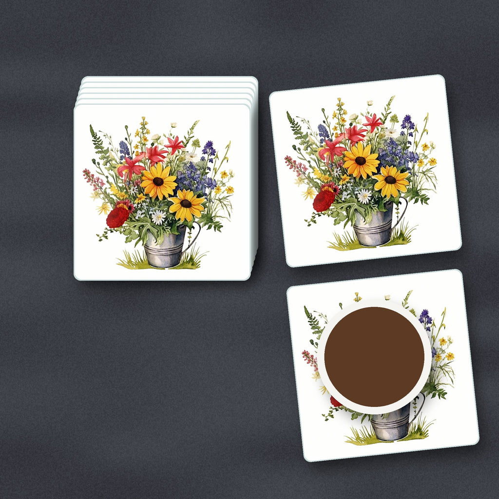 Sunflowers in a Tin Bucket square glass coasters stacked on a slate kitchen worktop