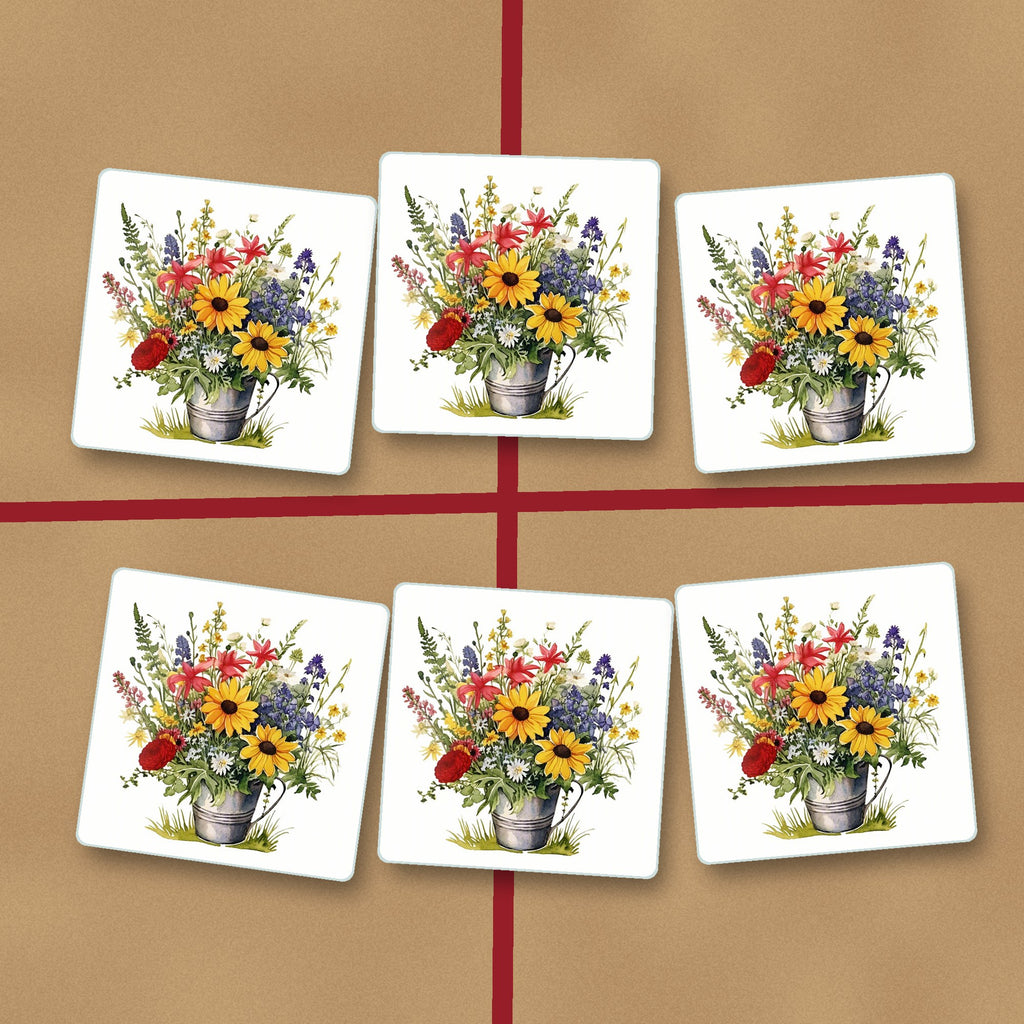 Sunflowers in a Tin Bucket square glass coasters on kraft gift wrap