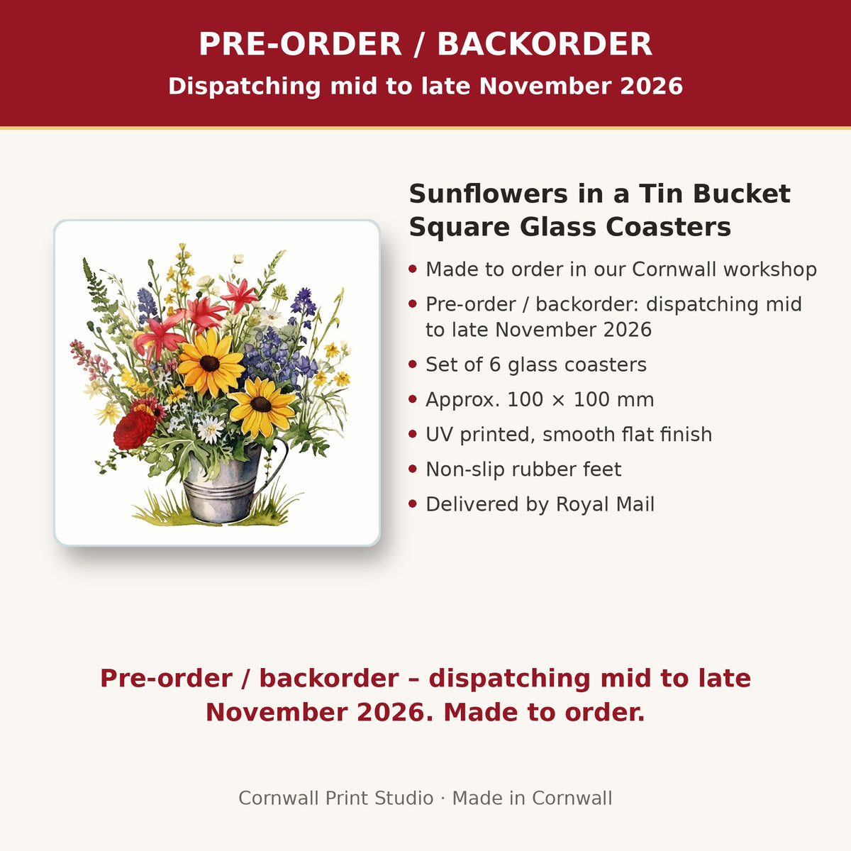 Info card: Sunflowers in a Tin Bucket Square Glass Coasters – Set of 6, made to order, dispatching mid to late November 2026, delivered by Royal Mail