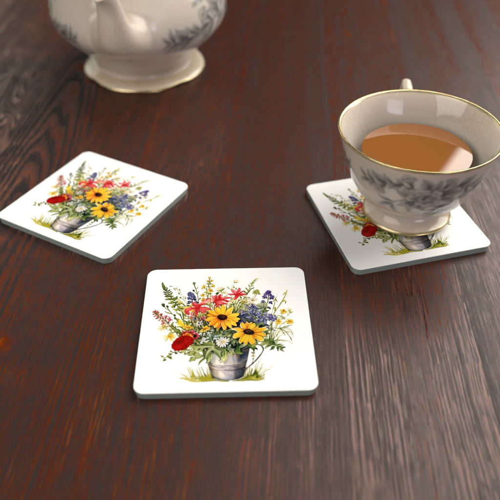Sunflowers in a Tin Bucket Square Glass Coasters – Set of 6 – lifestyle mockup with a teacup