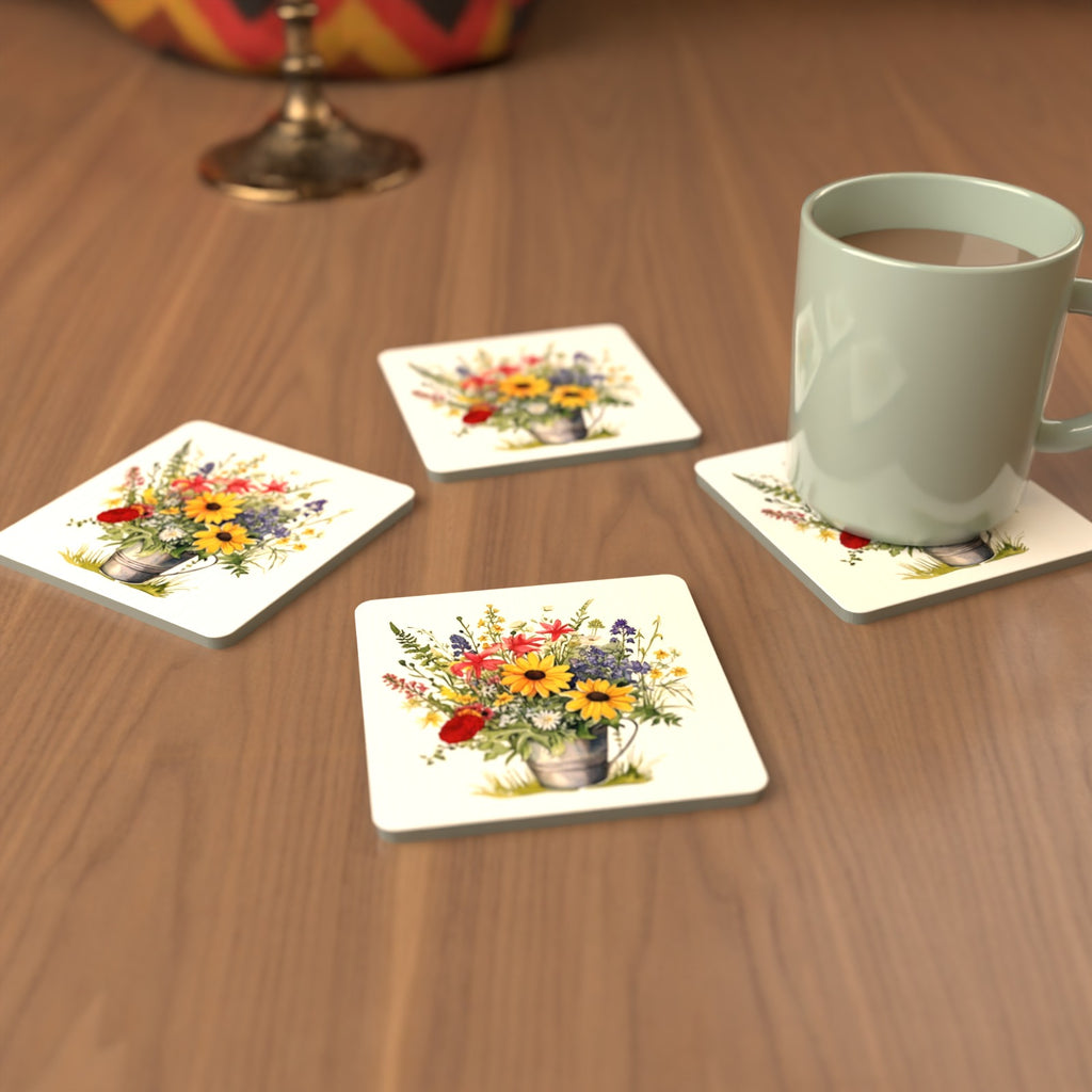 Sunflowers in a Tin Bucket Square Glass Coasters – Set of 6 – cosy lifestyle mockup