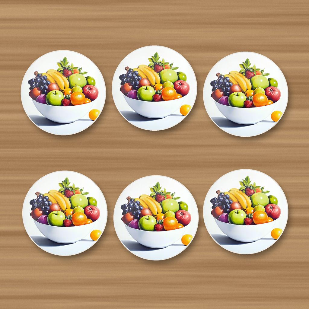 Fruit Bowl Still Life round ceramic coasters, set of 6, on an oak coffee table