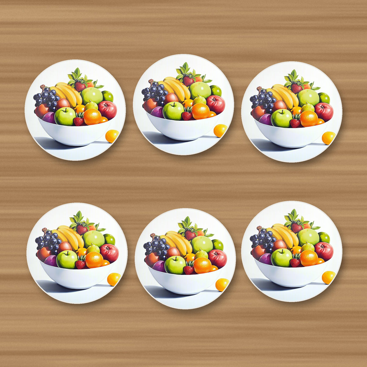 Fruit Bowl Still Life round ceramic coasters, set of 6, on an oak coffee table