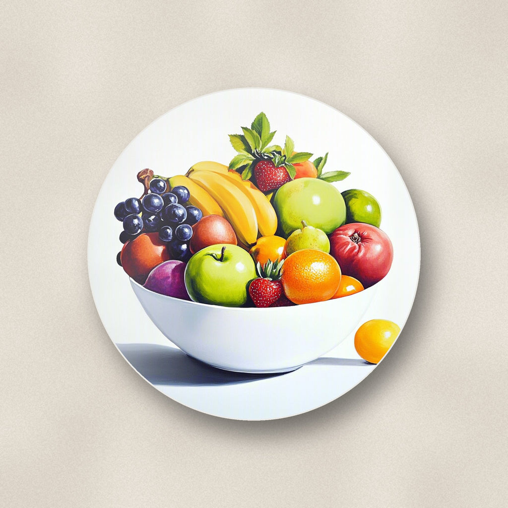 Close-up of one fruit bowl still life round ceramic coaster, flat UV print