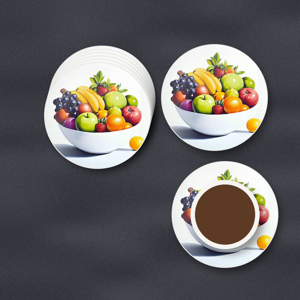 Fruit Bowl Still Life round ceramic coasters stacked on a slate kitchen worktop